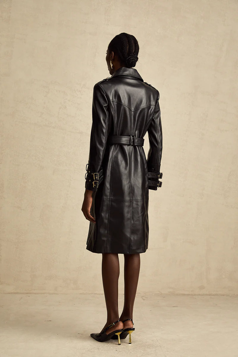 Lana – Black PU leather trench coat