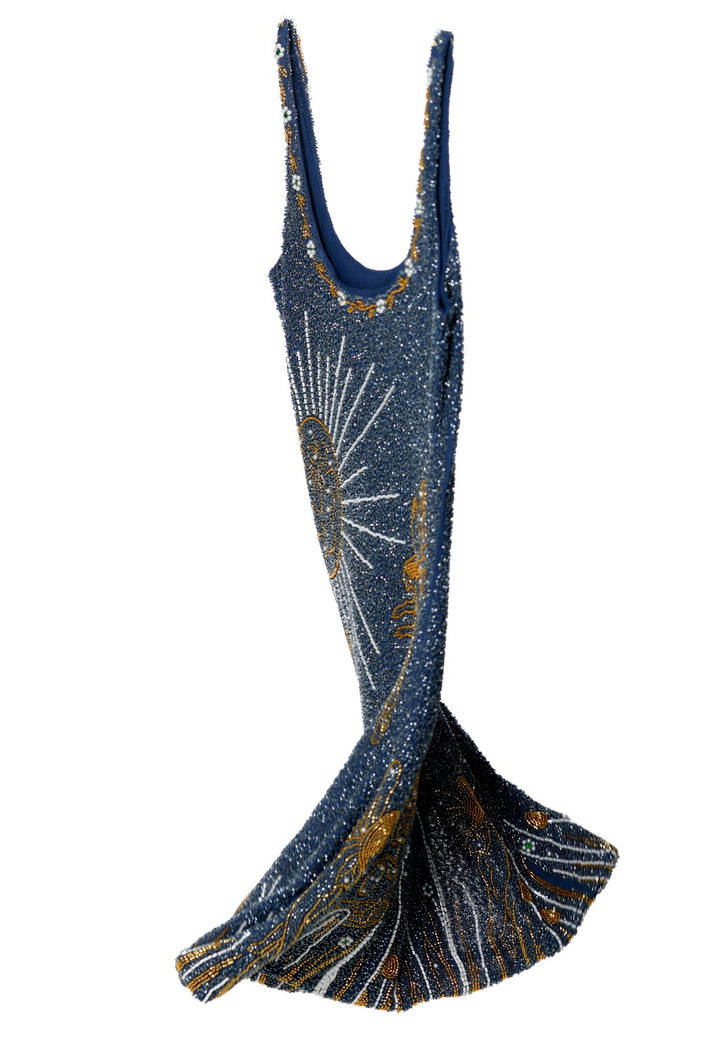 Celestia Limited Drop – Handgefertigtes Perlen-Couture-Kleid in Mitternachtsblau