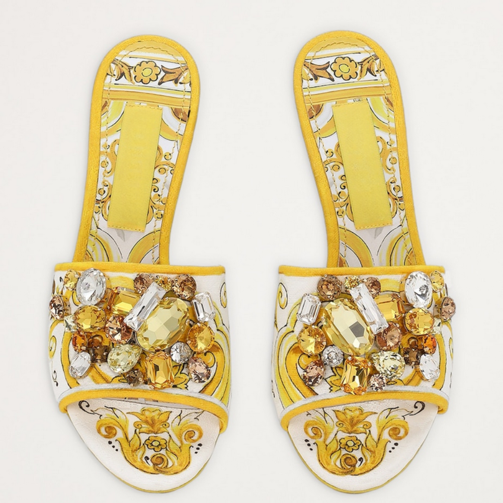 Solara Crystal – Stiletto Slippers with Print &amp; Rhinestones 