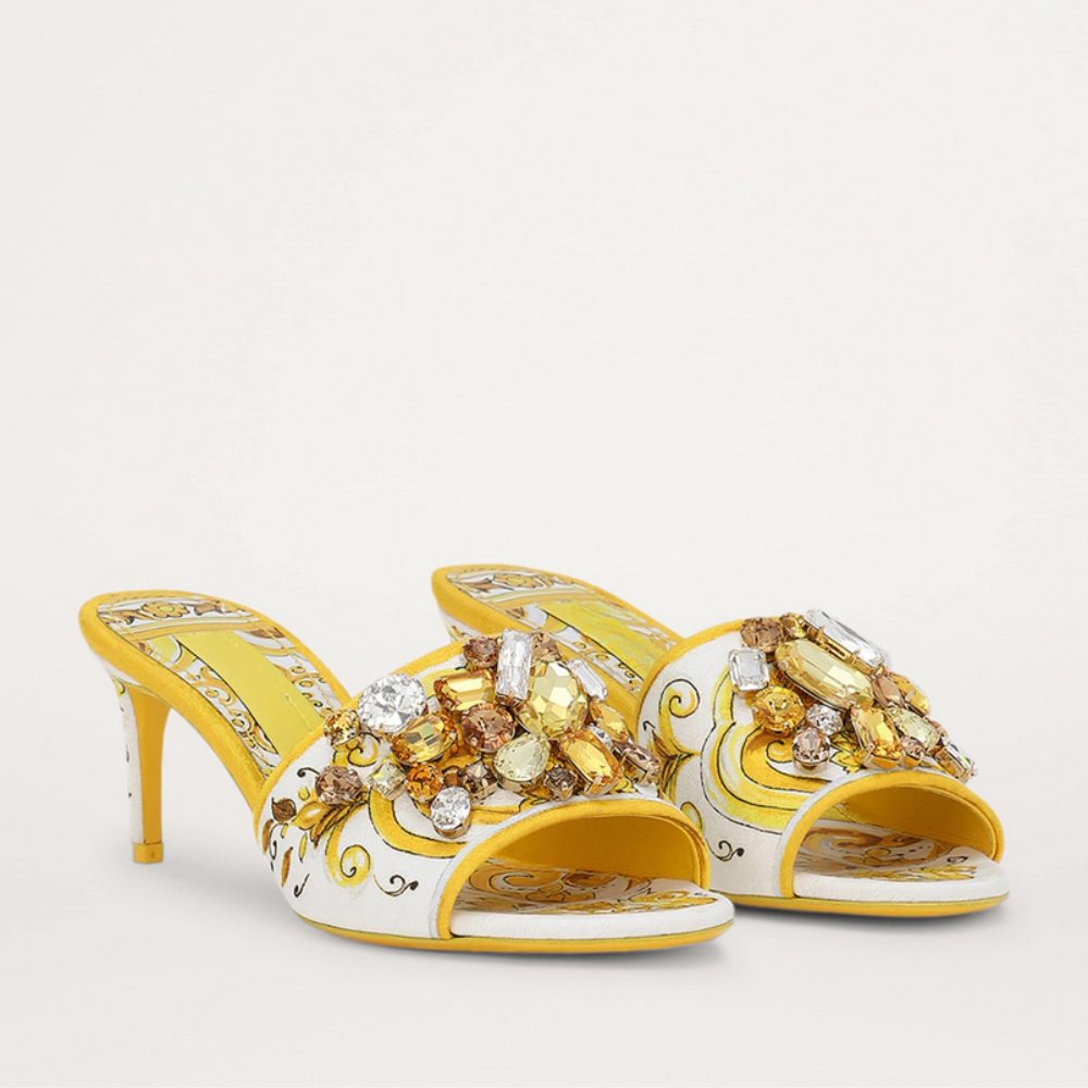 Solara Crystal – Stiletto Slippers with Print &amp; Rhinestones 