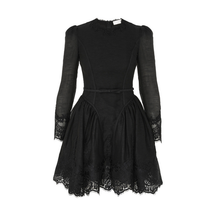 Nocturne Lace Mini Dress – Black Silk-Linen