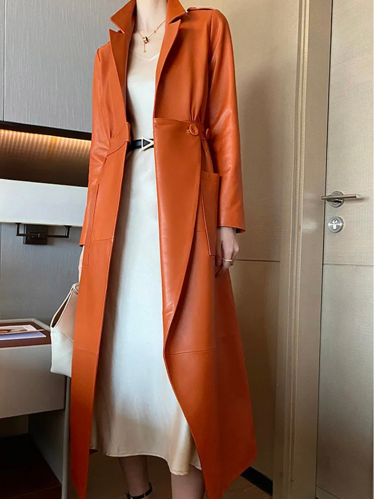 Aurvella Coat - PU Leder Mantel in Orange