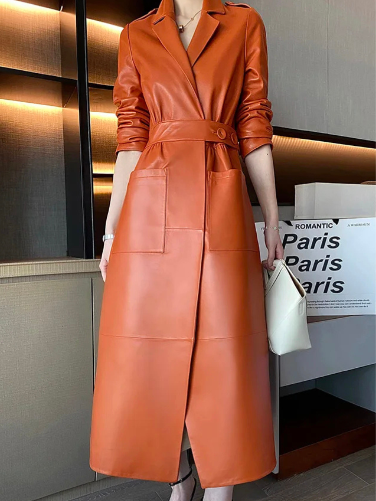 Aurvella Coat - PU Leder Mantel in Orange
