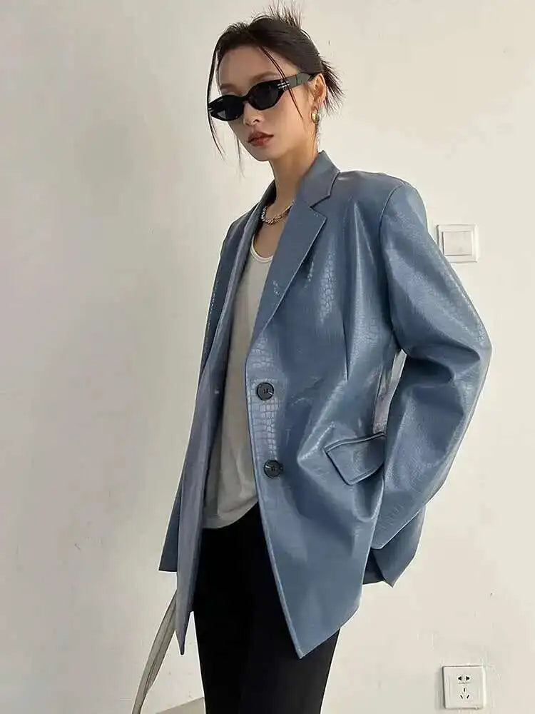 Virella Blazer - Oversize PU-Leder Blazer in Blau