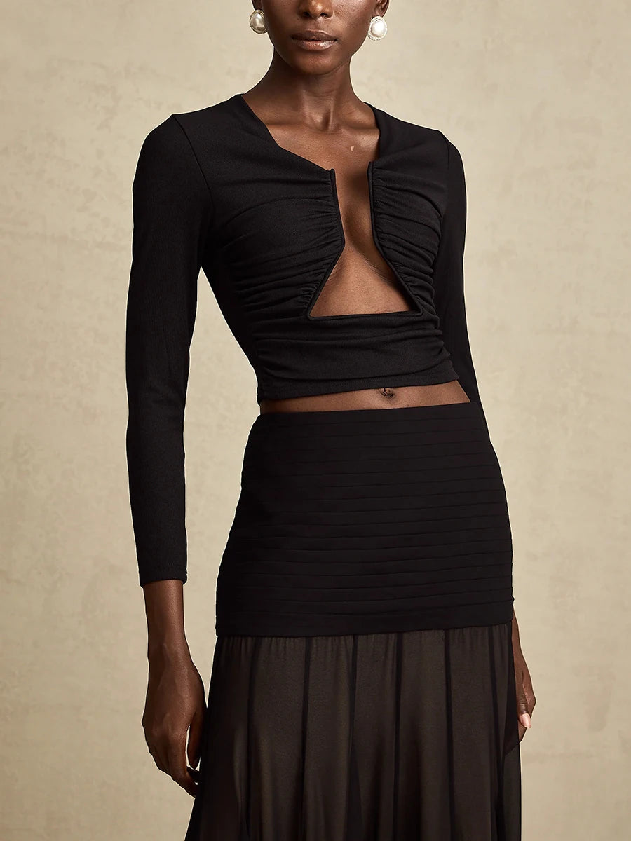 Lena Black Open-Front Gathered Top