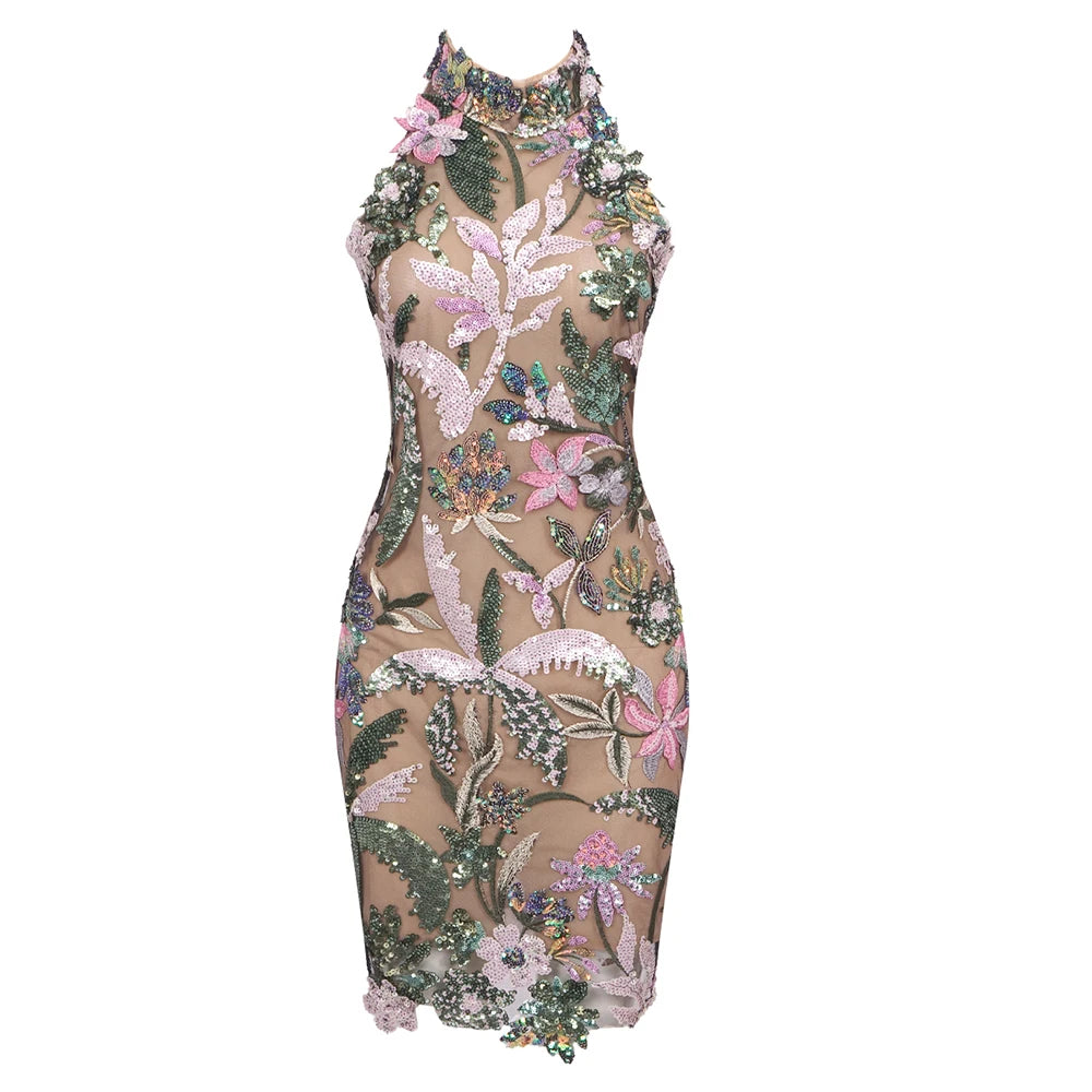 Léa – Embroidered Sequin Dress in Brown &amp; Multicolor