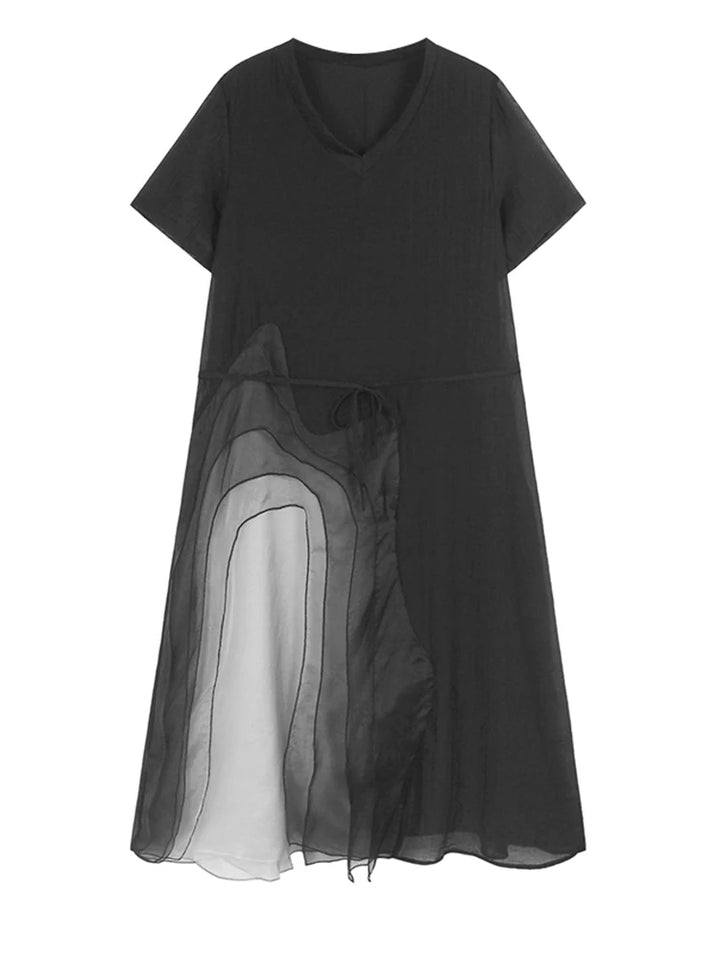 Noir Wave – Layer Mesh V-Neck Midi Dress