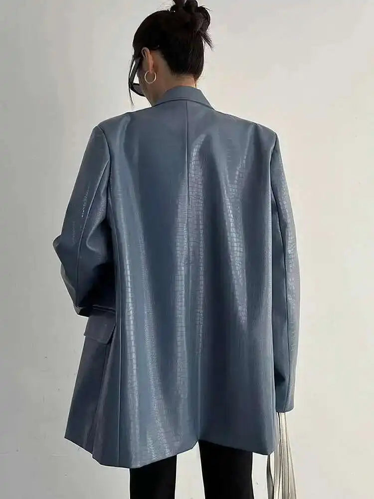 Virella Blazer - Oversize PU-Leder Blazer in Blau