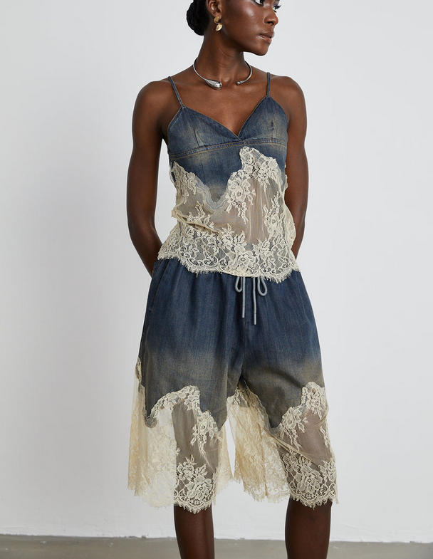 Colette – Denim two-piece/ top/ pants with lace in blue &amp; ecru