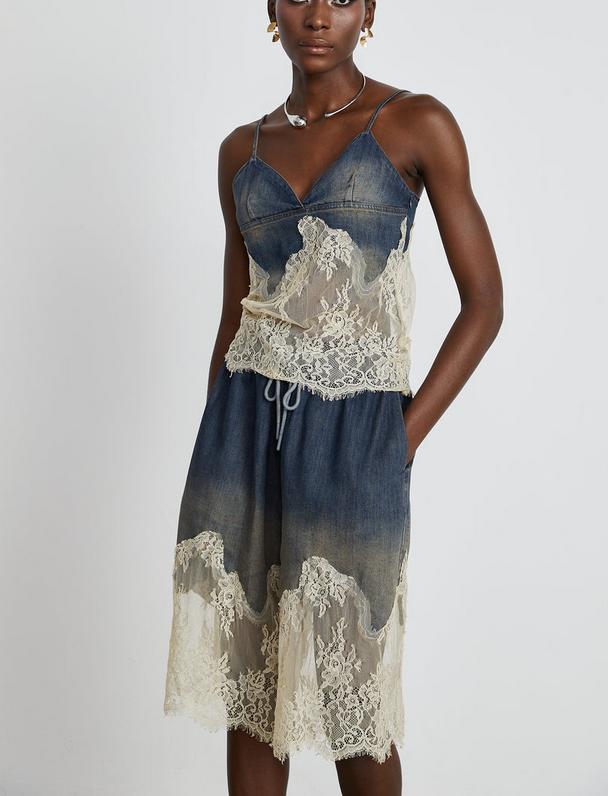 Colette – Denim two-piece/ top/ pants with lace in blue &amp; ecru