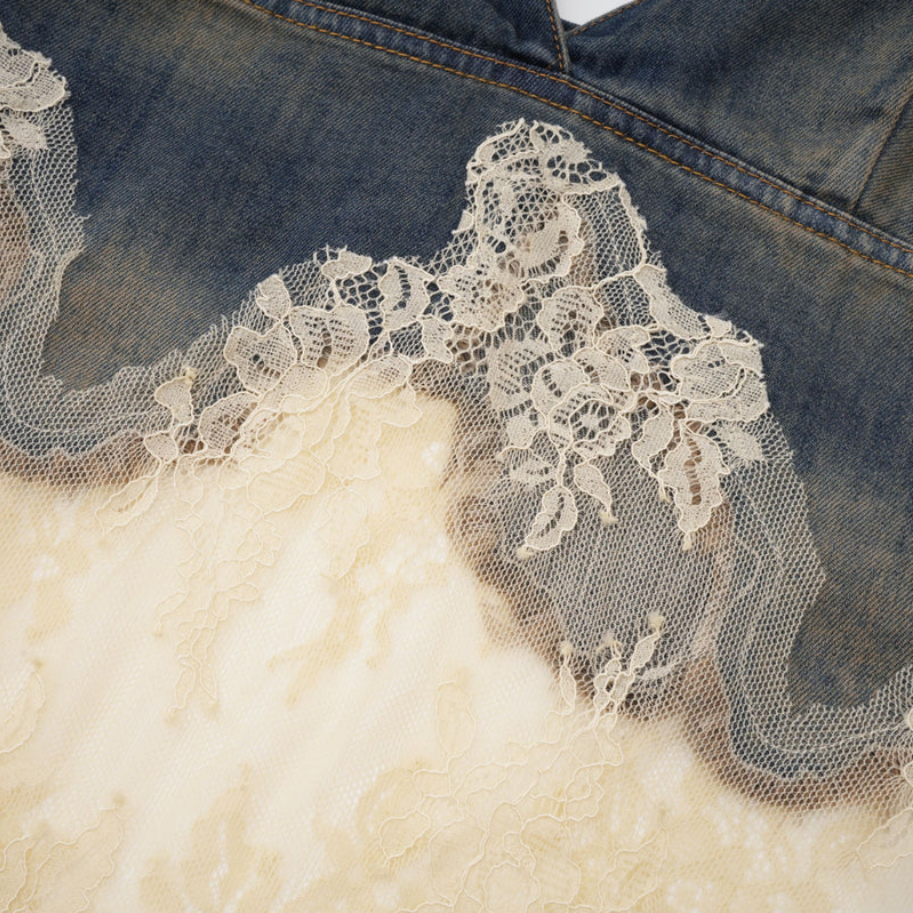 Colette – Denim two-piece/ top/ pants with lace in blue &amp; ecru