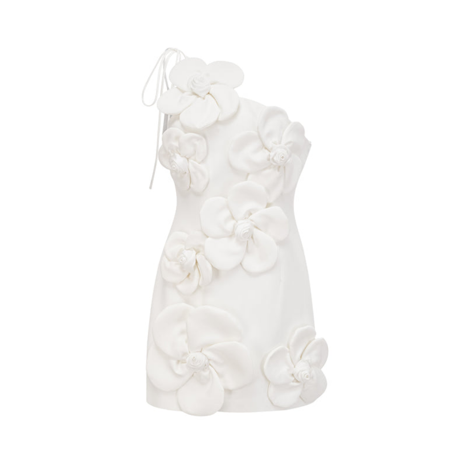 Fioraluna – Schulterfreies Minikleid mit Blumenverzierung