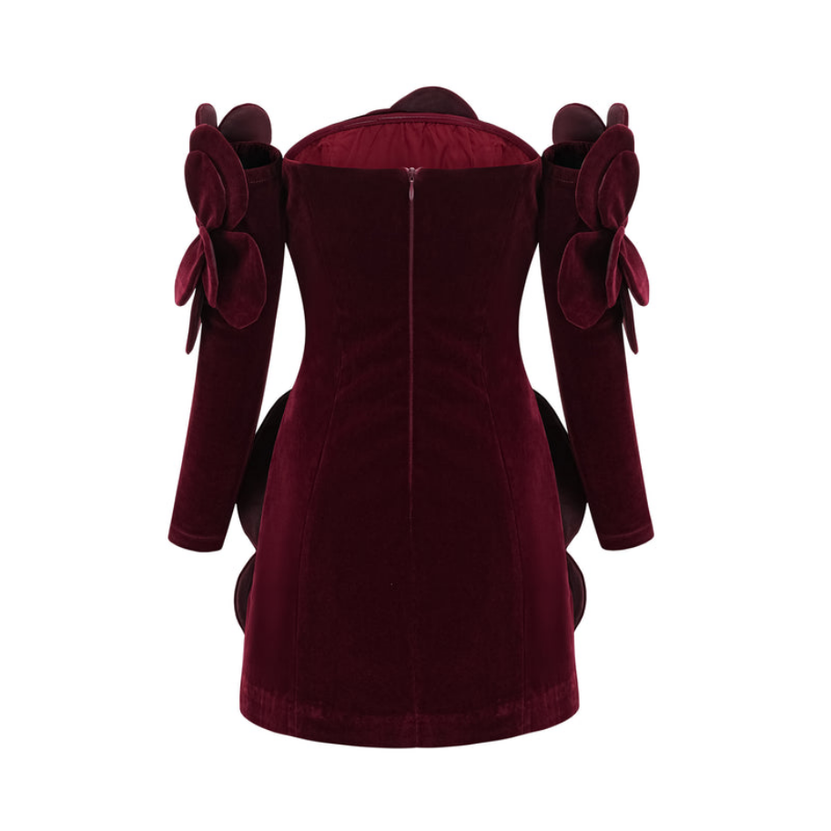 Céline Rouge – Off-the-shoulder mini dress with floral appliqués