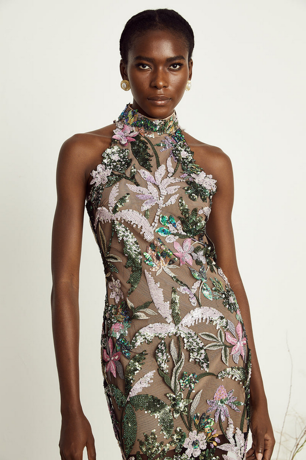 Léa – Embroidered Sequin Dress in Brown &amp; Multicolor
