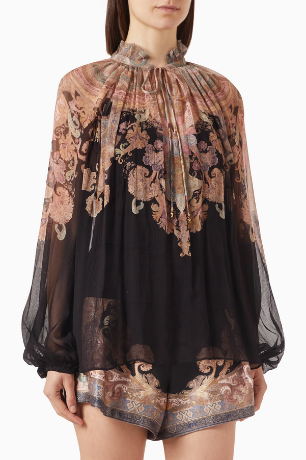 Noir Paisley Ensemble – Designer Blouse &amp; Shorts Set