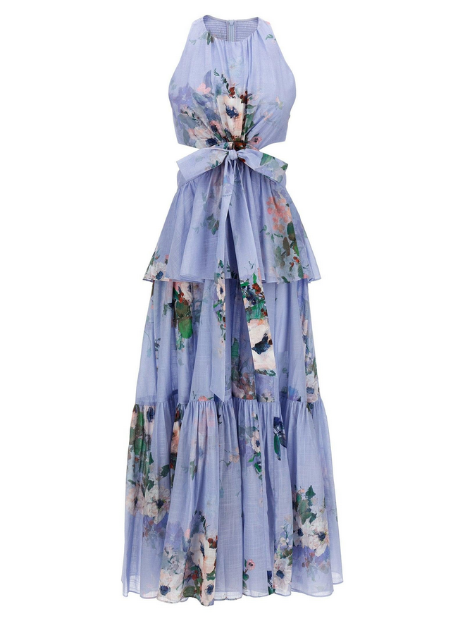 Everlin Draped Bow Floral Midi Dress – Blue Elegance