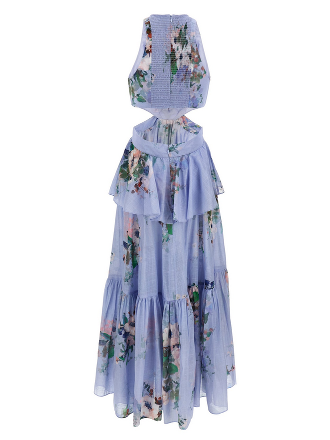 Everlin Draped Bow Floral Midi Dress – Blue Elegance