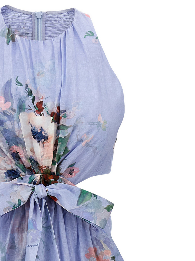 Everlin Draped Bow Floral Midi Dress – Blue Elegance