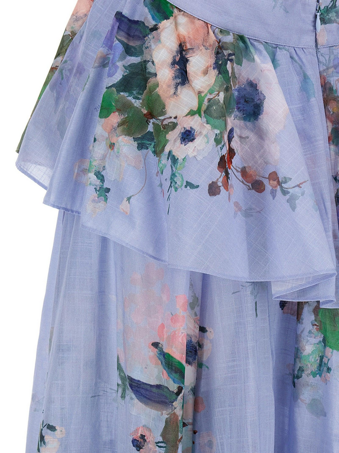 Everlin Draped Bow Floral Midi Dress – Blue Elegance