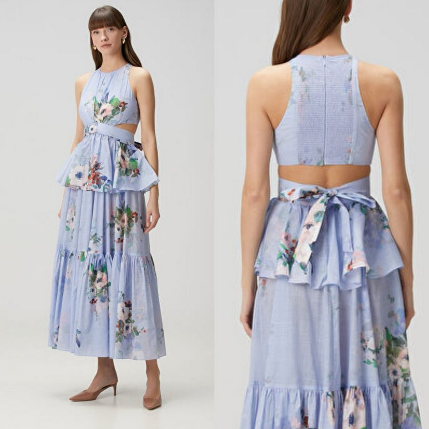 Everlin Draped Bow Floral Midi Dress – Blue Elegance
