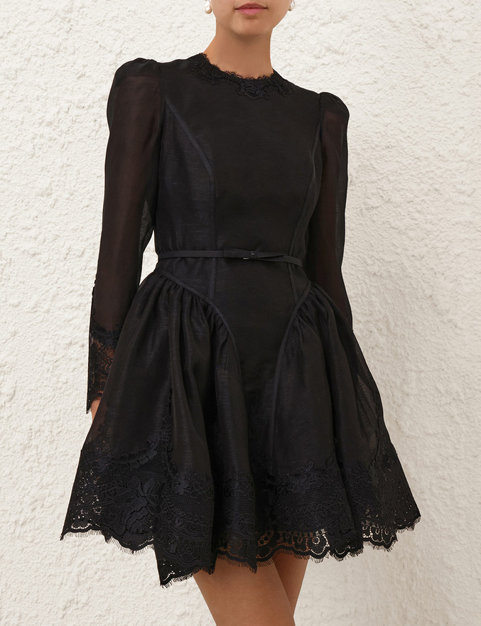 Nocturne Lace Mini Dress – Black Silk-Linen