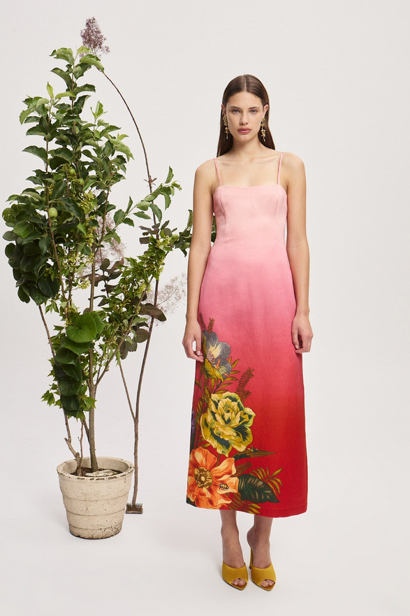 Floretta Red Gradient Linen Midi Dress