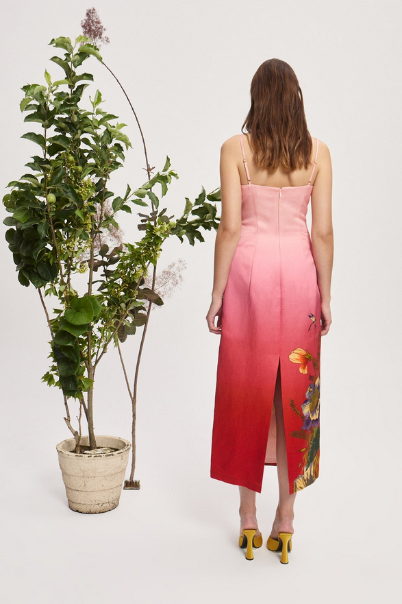 Floretta Red Gradient Linen Midi Dress