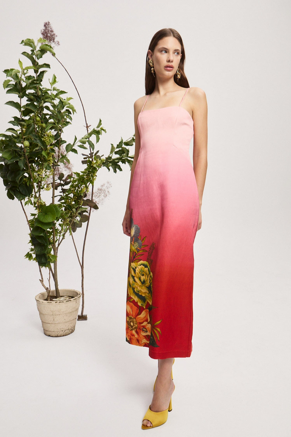 Floretta Red Gradient Linen Midi Dress