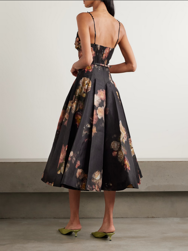 Nocturne Bloom Midi Dress – Black Floral Elegance