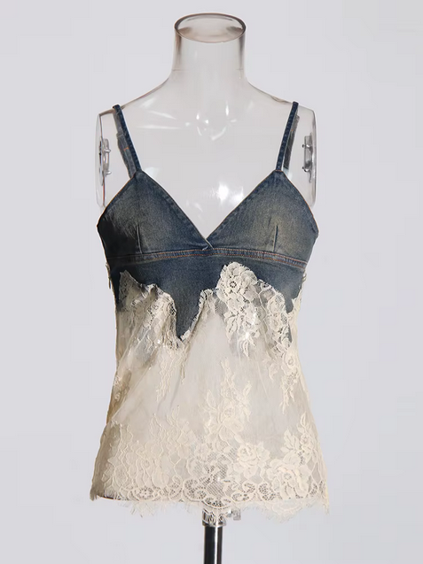Colette – Denim-Zweiteiler/ Top/ Hose mit Spitze in Blau & Ecru