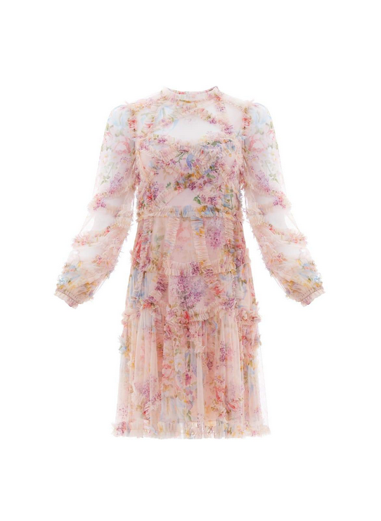 Aurélia – Florales Mesh-Kleid mit Patchwork-Design