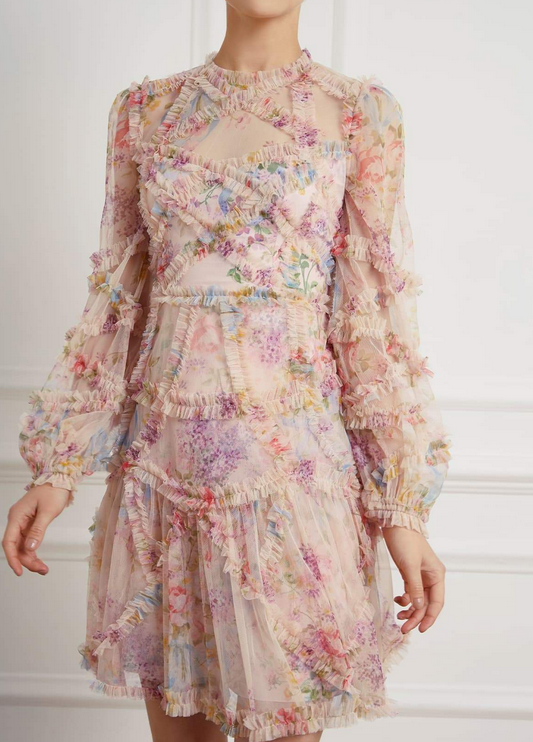 Aurélia – Floral mesh dress with patchwork design 