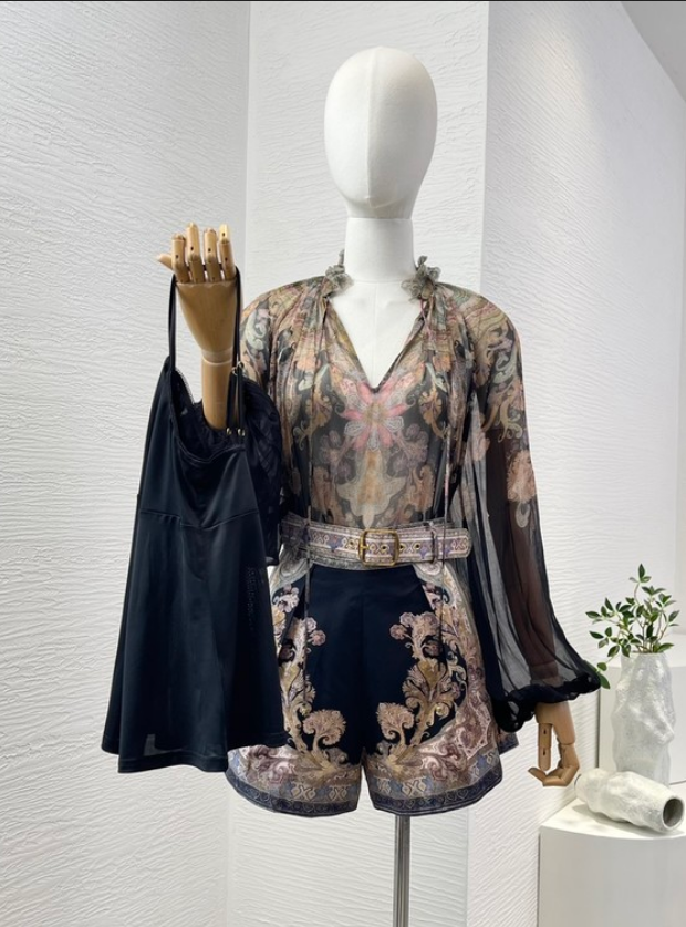 Noir Paisley Ensemble – Designer Blouse &amp; Shorts Set