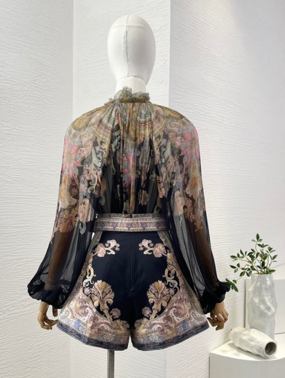 Noir Paisley Ensemble – Designer Blouse &amp; Shorts Set