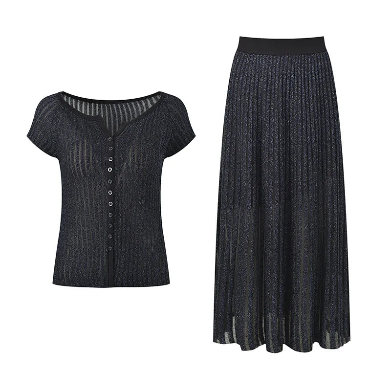 Valéa Pleated Set – Strick Cardigan & Midi Rock