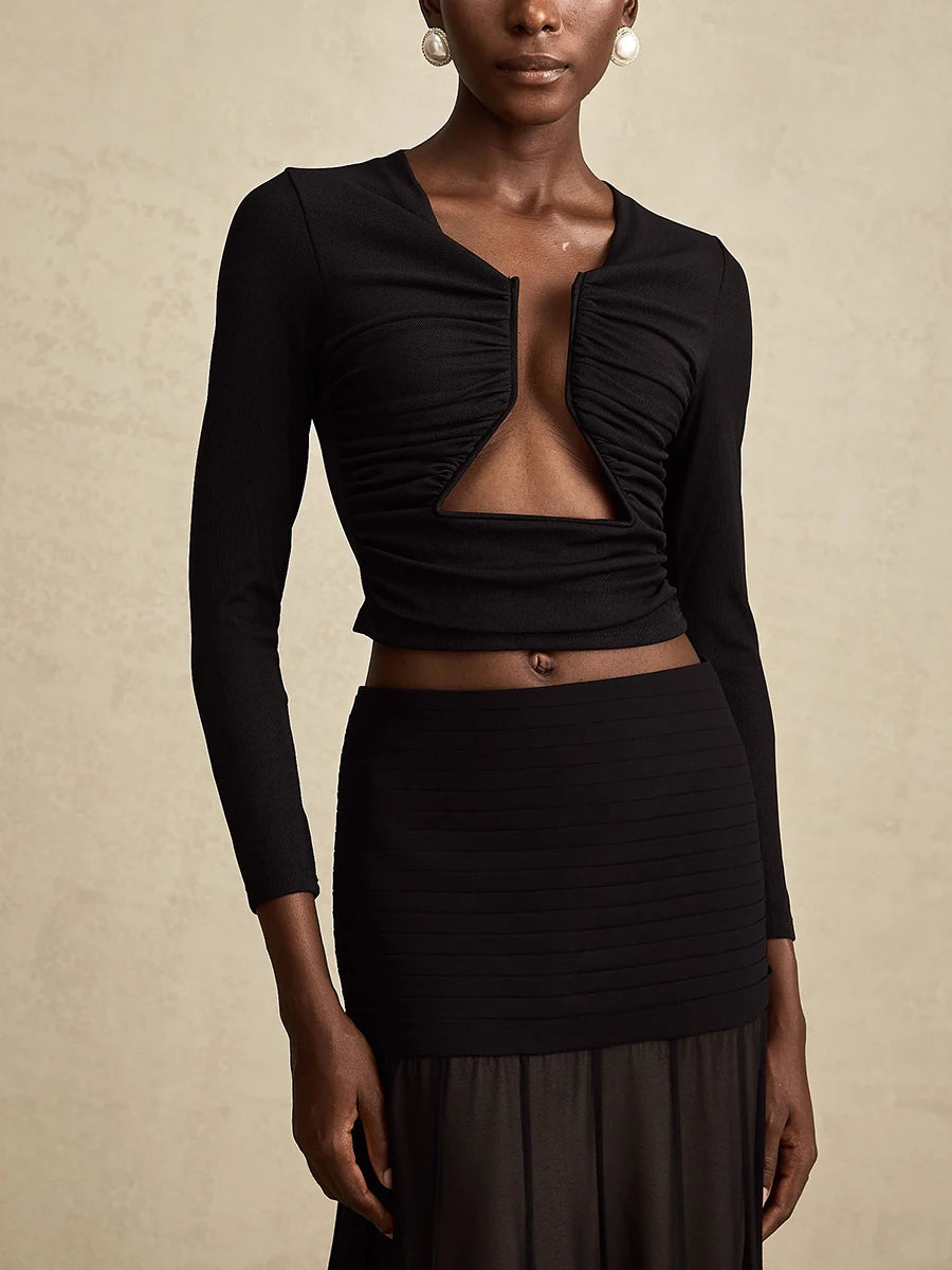 Lena Black Open-Front Gathered Top