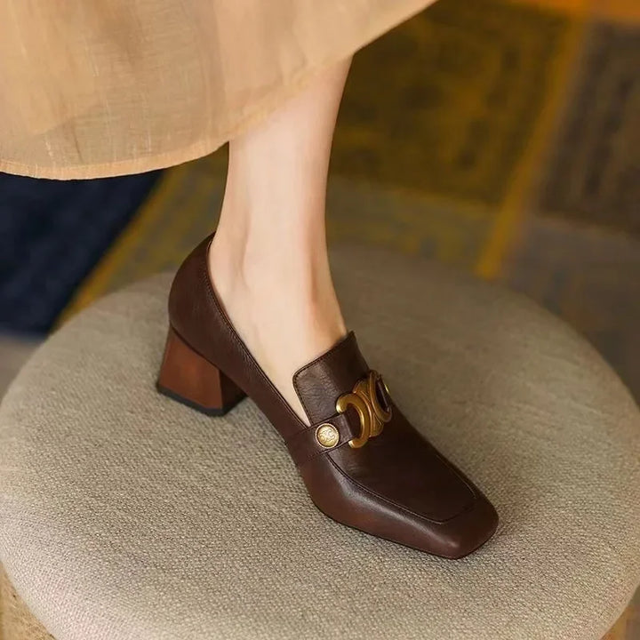 Cleo - Elegante Retro Lederslipper mit Blockabsatz