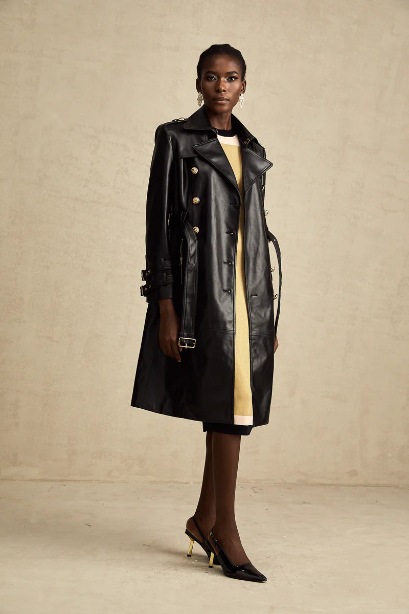 Lana – Black PU leather trench coat