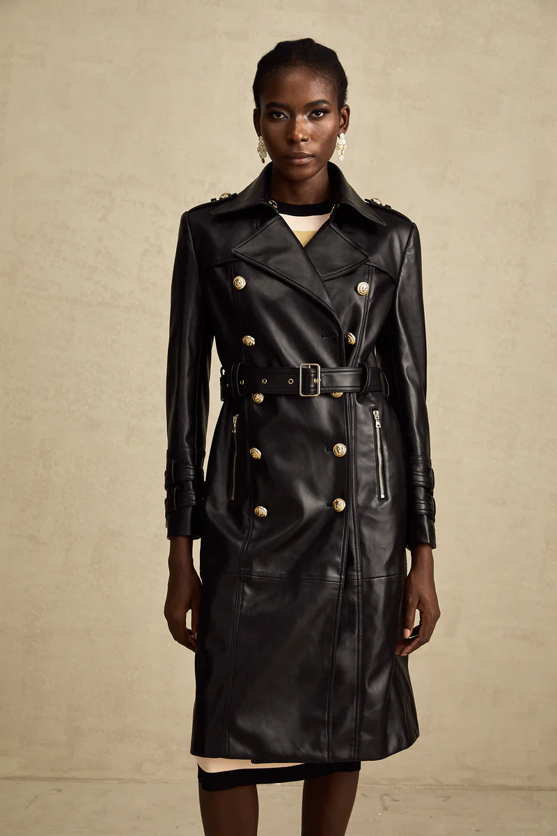 Lana – Black PU leather trench coat